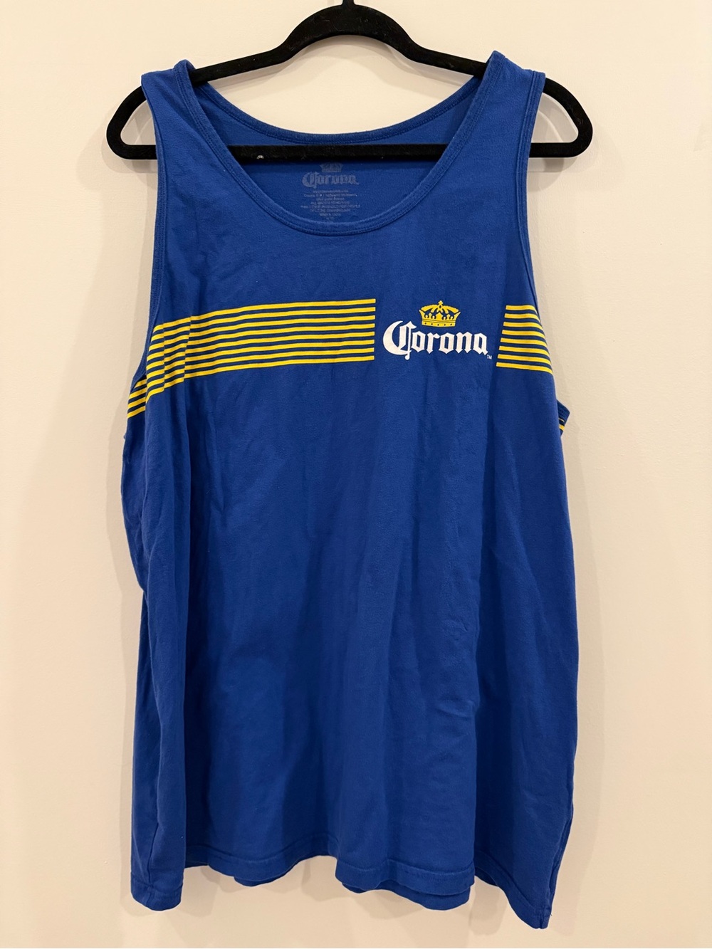 Corona Blue Tank with Yellow Stripe and Logo